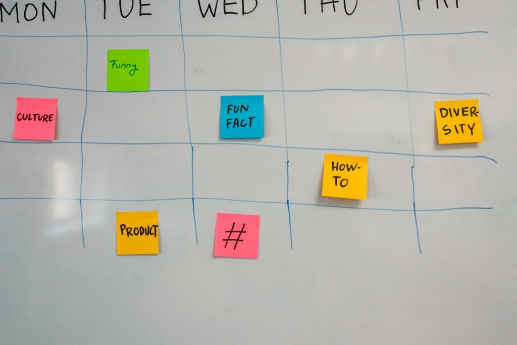 a white board with post it notes on it
