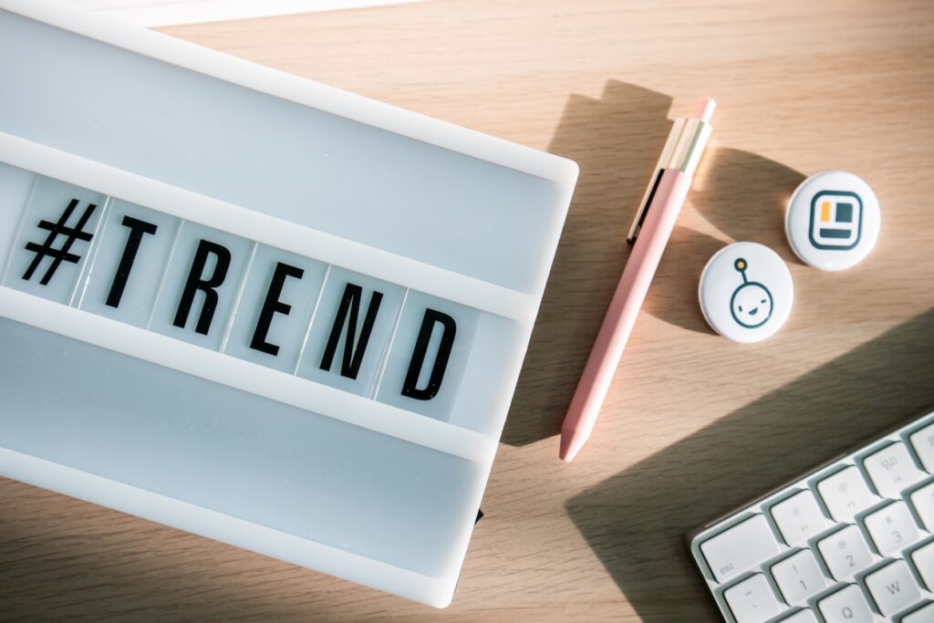 a keyboard with the word trend spelled on it